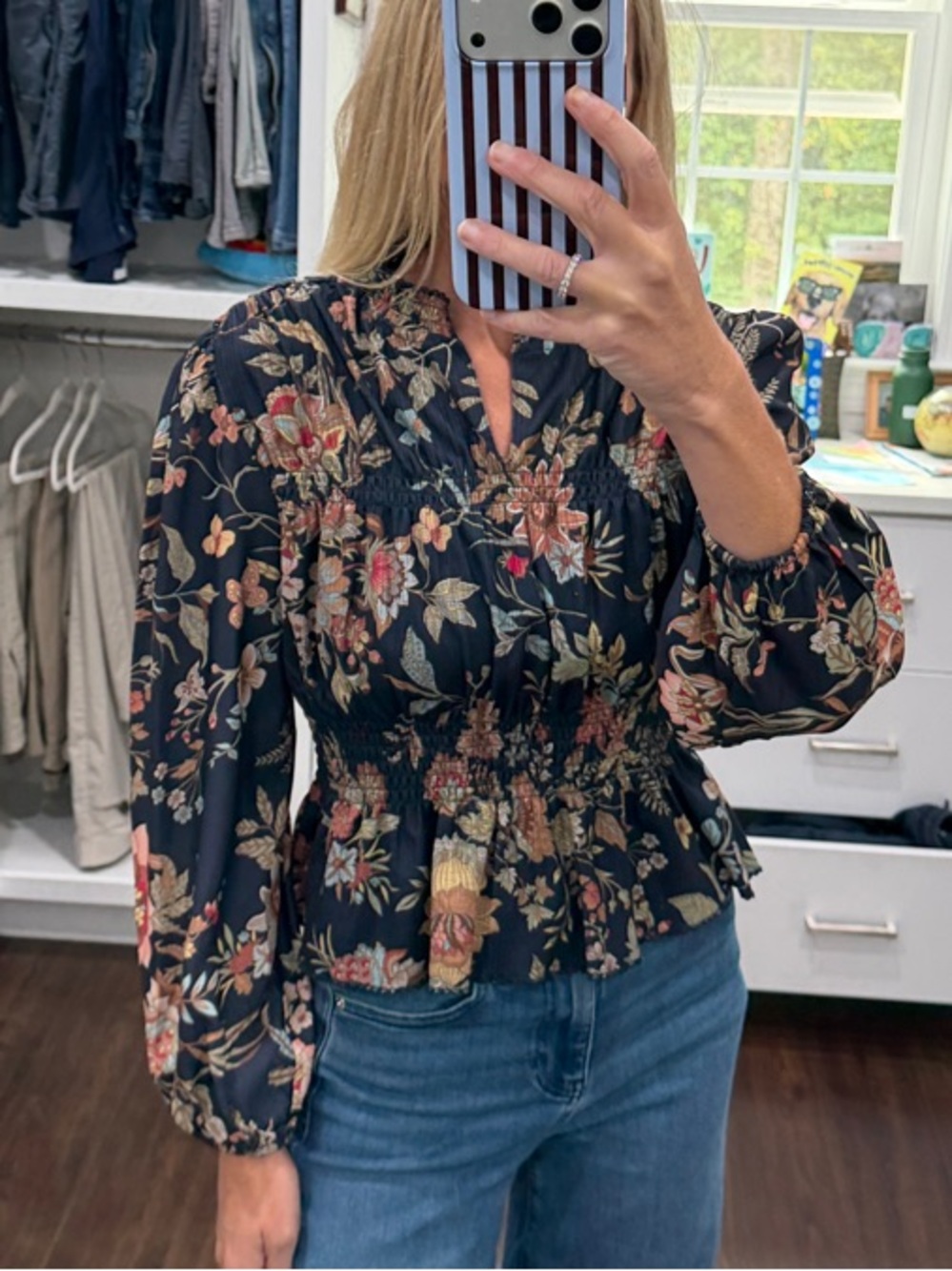 Current Air Navy Floral Smocked Peplum Top XS